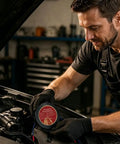 Man installing Automatic Aerosol Fire Extinguisher Simple Apply Fire Suppression Sticker For Car Under Hoods And Breaker Panels Heat Powered.