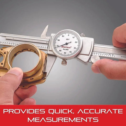Dial Caliper Workhorse With Adjustable Bezel 0 To 8 Inch Range.001 Inch Graduation Anti Backlash Gear Knife Edge Contacts For Inside And Outside Measurements One Hand Use With Thumb Operated Fine Adjustment Direct Reading And Precise Gauging measuring brass part