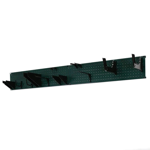 Hella Durable Garage Storage Rack And Lawn Garden Tool Organizer Wall Mount 64 Inch Wide Heavy Duty Metal Pegboard Set Green Panel