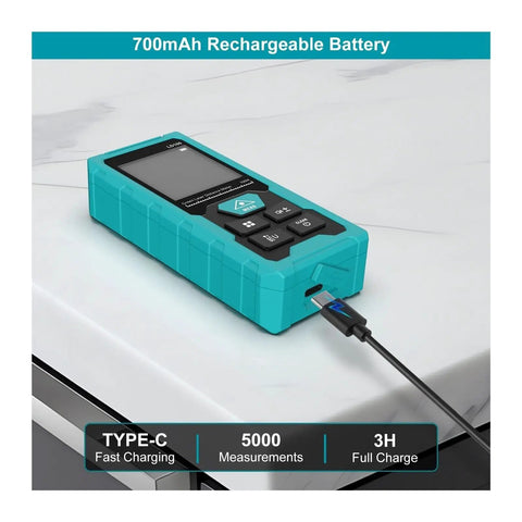 Heavy Duty 100 Meter Green Laser Rangefinder Rechargeable Digital Distance Measuring Tool with USB charging port on a table.