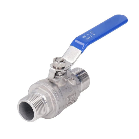 Top Shelf 3/4 Inch 304 Stainless Steel Ball Valve with blue manual lever for heavy duty plumbing tasks.