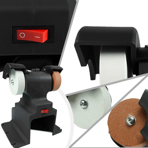 Cordless Mini Bench Grinder And Polisher Packing 200 Watt Motor And 7000 RPM With Dual Rechargeable Batteries showing quick drill features and wheels.