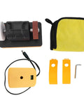 Tough As Nails 20V Cordless Mini Bench Grinder With 3 Inch Dual Grinding Wheels, accessories like yellow tools and polishing cloth.