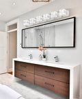 Modern Black Vanity Light Fixtures Over Mirror Three Light 18.5 Inch Dimmable LED Vanity Lighting Acrylic and Stainless Steel 5000K Daylight 20W 1560 Lumens installed above bathroom mirror