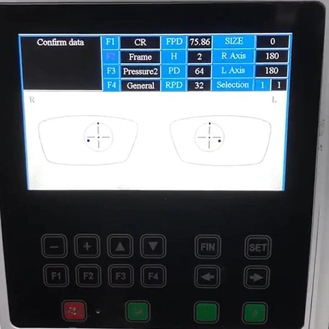 Automatic Edge Grinding Machine For Eyewear With 7 Inch Touch Screen display showing lens data and settings
