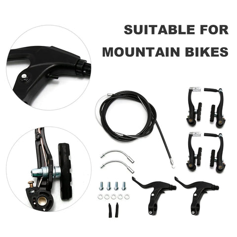 All In One Bike Brake Set With Calipers, Levers, Cables, Black Handlebars, V Brake Kit For Mountain Bikes Displayed