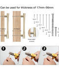 Diagram of polished brass cabinet pull installation with screw dimensions for cabinets 17mm-56mm thick.