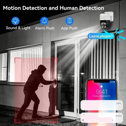 Total Game Changer 8MP 4K POE PTZ Security Camera Surveillance Kit detects motion at night near a door.