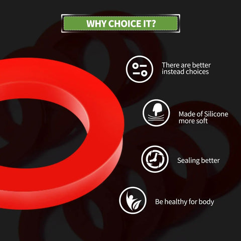 Red silicone ring shown with benefits like softness, better sealing, and health safety.