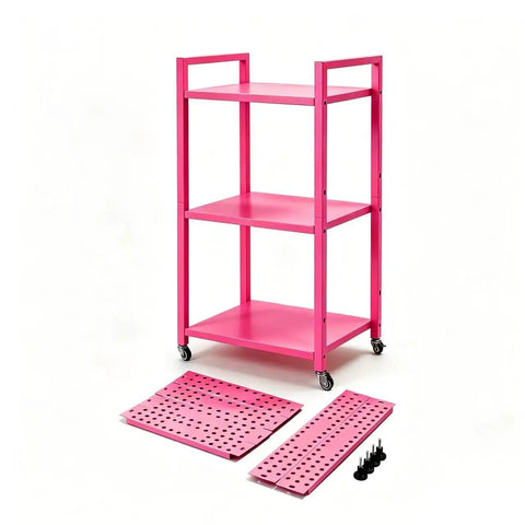 Rolling 3 Tier Metal Storage Organizer With Soft Pink Finish And Adjustable Foot Pads For Squishy Spaces Featuring Pop Off Guard Panels To Knock Kitchen Laundry And Garage Jumble Down Easy For Stress Free Home Upkeep Anywhere You Park It with three shelves and removable panels.