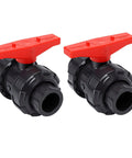 Top Shelf UPVC Union Ball Valve With Double Socket Slip Design For 25mm Pipes Delivers Full Port Rock Solid Zero Resistance Water Flow That Keeps Things Smoove And Flows Like A Dream, featuring red handles and dual valves.