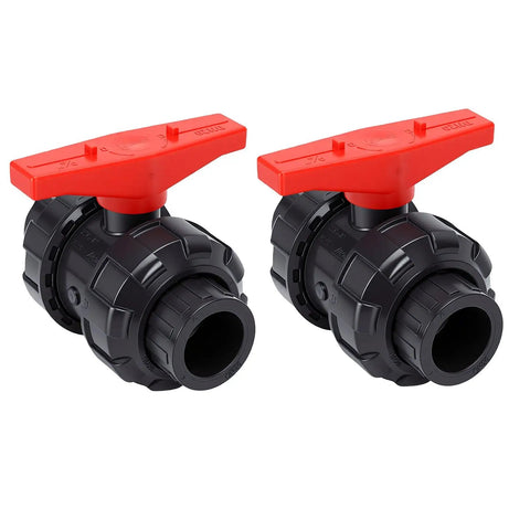 Top Shelf UPVC Union Ball Valve With Double Socket Slip Design For 25mm Pipes Delivers Full Port Rock Solid Zero Resistance Water Flow That Keeps Things Smoove And Flows Like A Dream, featuring red handles and dual valves.