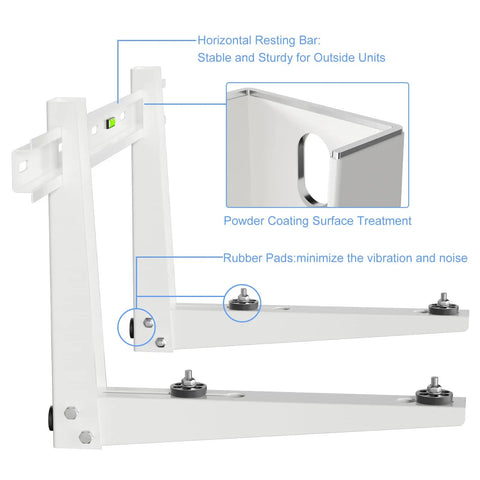 Heavy Duty Mini Split Wall Mount Bracket Built Like A Tank For 7000 To 18000 BTU AC Units showing powder-coated surface and rubber dampers.