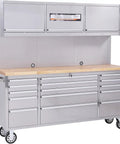 Front view of 72-Inch Rolling Tool Chest with 15 Drawers, Solid Rubber Wood Workbench Top, Locking Wheels and Key Lock
