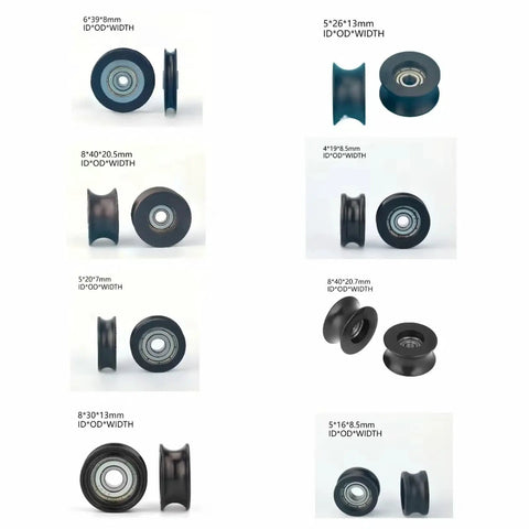 5 Pack Nylon U Groove Pulley Wheels With Embedded Ball Bearings Fits 8mm Bore And 40mm Outer Diameter showing various sizes and details.