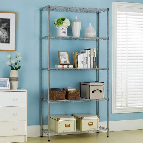 Straight Up Rock Solid Five Tier Wire Shelving Unit With Adjustable Shelves And Foot Levelers Featuring Dang Tough Chrome Plated Steel Construction For Heavy Duty Garage Or Storage Needs Supporting Up To Twelve Hundred Fifty Pounds in a blue room.