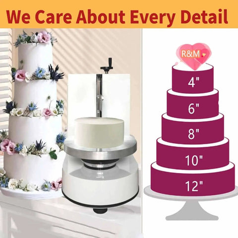 Birthday Cake Cream Smoothing And Filling Machine For 4 To 12 Inch Round Cakes Pro Grade Easy Spreading Tool displayed with cake size chart