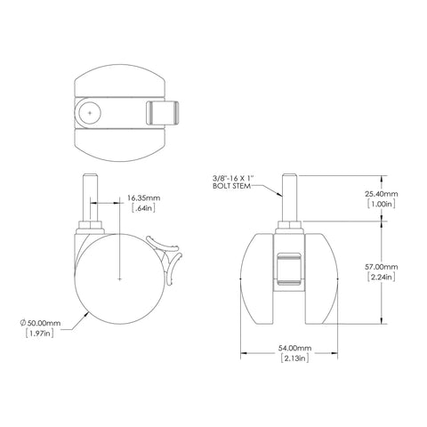 Slick Rolling 2 Inch Nylon Twin Wheel Heavy Duty Furniture Casters That Kick Some Serious Weight With Secure Brake detailed diagram with dimensions.