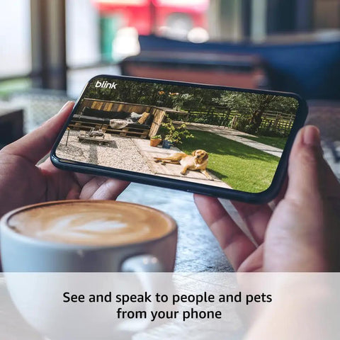 Guard Your Property With Zero Hassle Using This Five Camera Wirefree Home Security Kit That Delivers Hella Sharp 2K Doorbell Footage Quick Sync Module Hookup And Two Year Battery Life Modern Black displayed on phone with dog in yard.