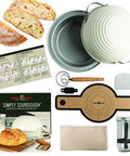 Complete Bread Baking Kit With 12 Inch All Metal Pan And Domed Lid For Fast Steam Bake No Preheat Needed Banneton Tools 22 Page Recipe Guide Starter Jar Danish Whisk Cutter Lifting Mat Scraper And Cotton Liner displayed with baked bread and ingredients.