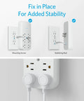 Mounting options for wall outlet extender with surge protection, showing stabilizing rod and screw installation.