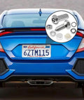 Lock Down Your Plates Tonight With These Helluva Sturdy Anti Theft License Plate Screws Kit, shown on a blue vehicle rear.