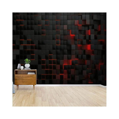 Dope Removable 3D Design Wallpaper For Bedroom And Living Room, Abstract Futuristic Cubes Wall Art with red accents