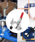 Heavy Duty Vertical Toggle Clamp Quick Release Handle For Welding With Rust Proof Zinc Plated Steel And Easy Swivel Grip For Rough Job Sites Solid Lockdown No Sweat Setup Guaranteed, displayed in a workshop setup.