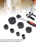 Beefy Heavy Duty Manual Punch Kit With Ratchet For Sheet Metal, 6 punch sizes displayed with ratchet and tool accessories
