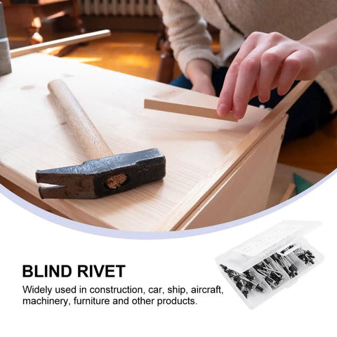 Person assembling furniture using 120 Piece Black Aluminum Blind Rivets Set with Standard Head, highlighting use in DIY projects.