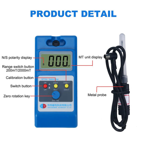 Handheld Surface Magnetic Field Gaussmeter With Ns Function And Metal Probe showing display and buttons