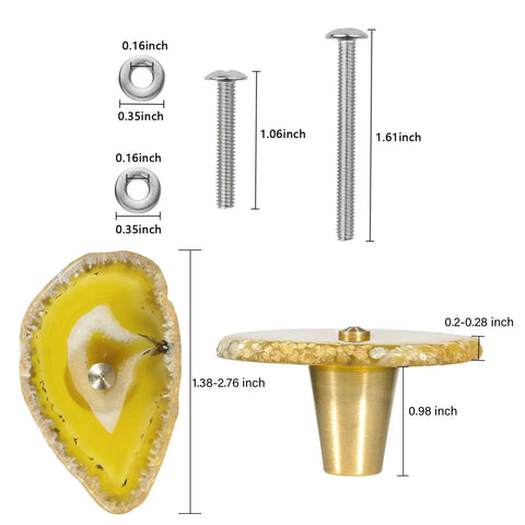 Get Your Hands On This Knockout Set Of Four Yellow Agate Slice Cabinet Knobs Featuring Real Geode Stone Slices With Included Screws To Amp Up Your Kitchen Cabinets And Drawers For A Chic Boho Vibe That Slaps, displaying sizes and included hardware.