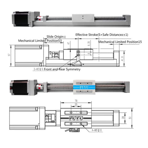 Diagram and front view of Motorized CNC Linear Guide Module With Ball Screw 400mm Stroke Nema 23 Stepper Driven Linear Stage.