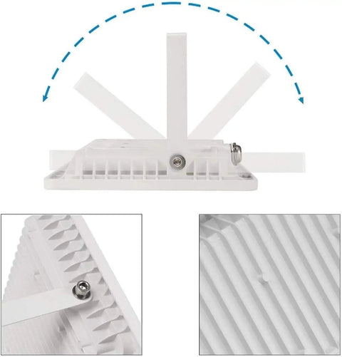 JUDYSSY Solar Flood Lights Led Floodlight 100W showcasing adjustable mounting bracket and heat-dissipation design.