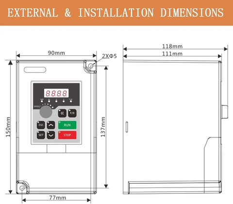Technical drawing of 2.2kW 380V VFD Inverter Drive dimensions, 150mm x 137mm x 77mm, for Single To 3 Phase CNC Spindle Motor
