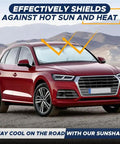 Heavy Duty Car Windshield Sun Shade Blocks Gnarly Highway Scorcher And Dangerous Ultraviolet Rays Keeps Your Ride Cooler on a red SUV.