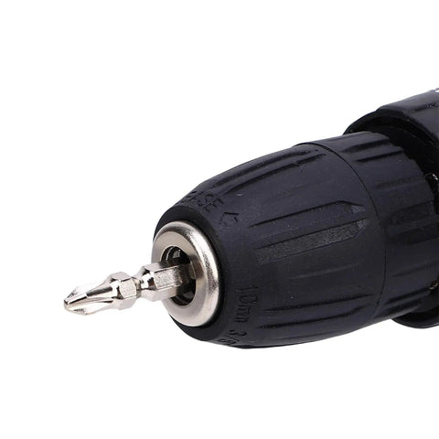 Close-up of the hefty 10mm chuck of the Badass 21V Cordless Drill Driver designed for drilling through wood or plastic.