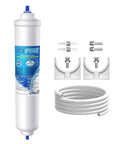 No Sweat Setup Inline Water Filter For Ice Makers And Fridges With One Quarter Inch Connectors For Rv Tanks Ro Systems And Under Sink NSF certified filter with push fit connectors and installation accessories.