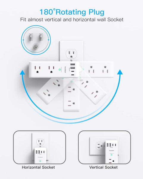 Must Have Rotating Plug Surge Protector Power Strip With Six AC Outlets And Four USB Ports Including Two USB C 1800J Wall Charger