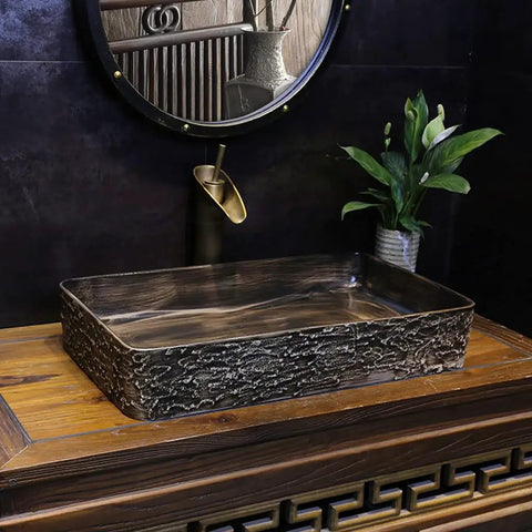SDVantage Undermount Sink Bathroom Vanity Sink rectangular ceramic washbasin with textured surface on wooden countertop.