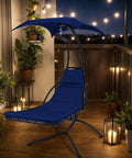 Outdoor Swing Chaise Lounge Cushion And Canopy Set For Patio Furniture Hanging Hammock Chair Pad on balcony at night