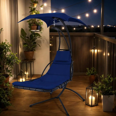 Outdoor Swing Chaise Lounge Cushion And Canopy Set For Patio Furniture Hanging Hammock Chair Pad on balcony at night