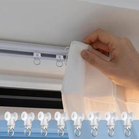 Real Deal Dual Wheel Ceiling Curtain Track Rollers And Hooks Kit With Smooth Ride Carriers Stainless Steel Hardware for curtain installation.