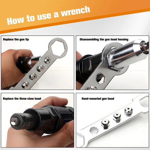 Heavy Duty 3 Piece Pop Rivet Gun Adapter Kit For Cordless Power Drills Built Tough Steel Riveting Tool Attachment showing usage instructions.