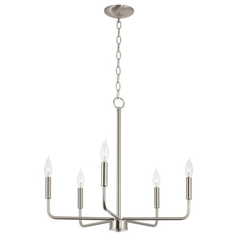 Camille 22 Inch Modern 5-Light Candle Style Chandelier With Open Frame In Brushed Nickel Finish Perfect For Dining Room Or Entryway Sleek Silver Hanging Fixture For Chic Homes