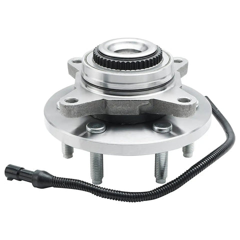 Heavy-Duty Steel Front Wheel Bearing Hubs Assembly Kit With ABS Sensor Wire showing front view and details of the assembly.