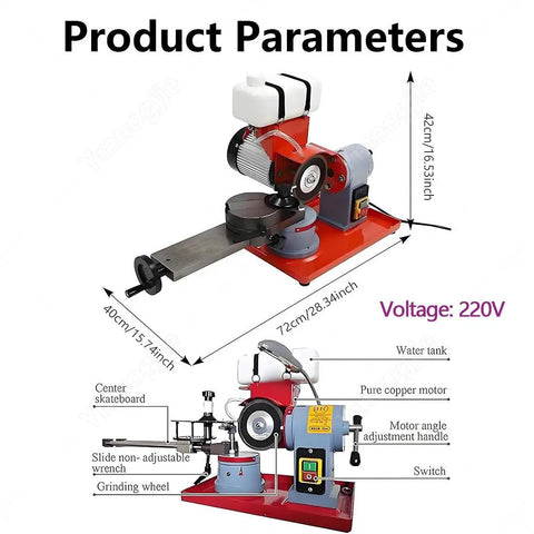 Kickass Electric Circular Saw Blade Sharpener With Bright Built In Led Light And Precise Sliding Rail For Quick Angle Mill Grinding On Dull Woodworking Cutters And No Fuss Steel Tools showcased with dimensions and features.