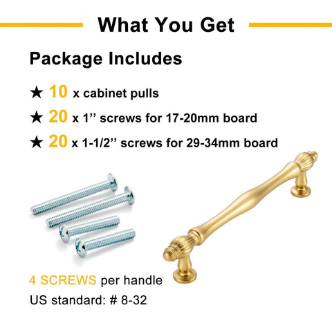 Rad Five Inch Brushed Gold Cabinet Pulls And Drawer Handles with screws for easy installation and assembly.