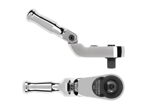Three Eighths Inch Drive Folding Quick Release Stubby Ratchet With Angled Handle And 180 Degree Non Locking Joint Range, side view