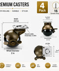 Vintage 2 Inch Furniture Ball Caster Wheels Antiqued Brass Finish Set Of 4 Heavy Duty Locking Casters That Roll Easy On Kitchen Carts Dressers Coffee Tables And Dead Simple Diy Weekend Glow Ups Today, showcasing dimensions and features.